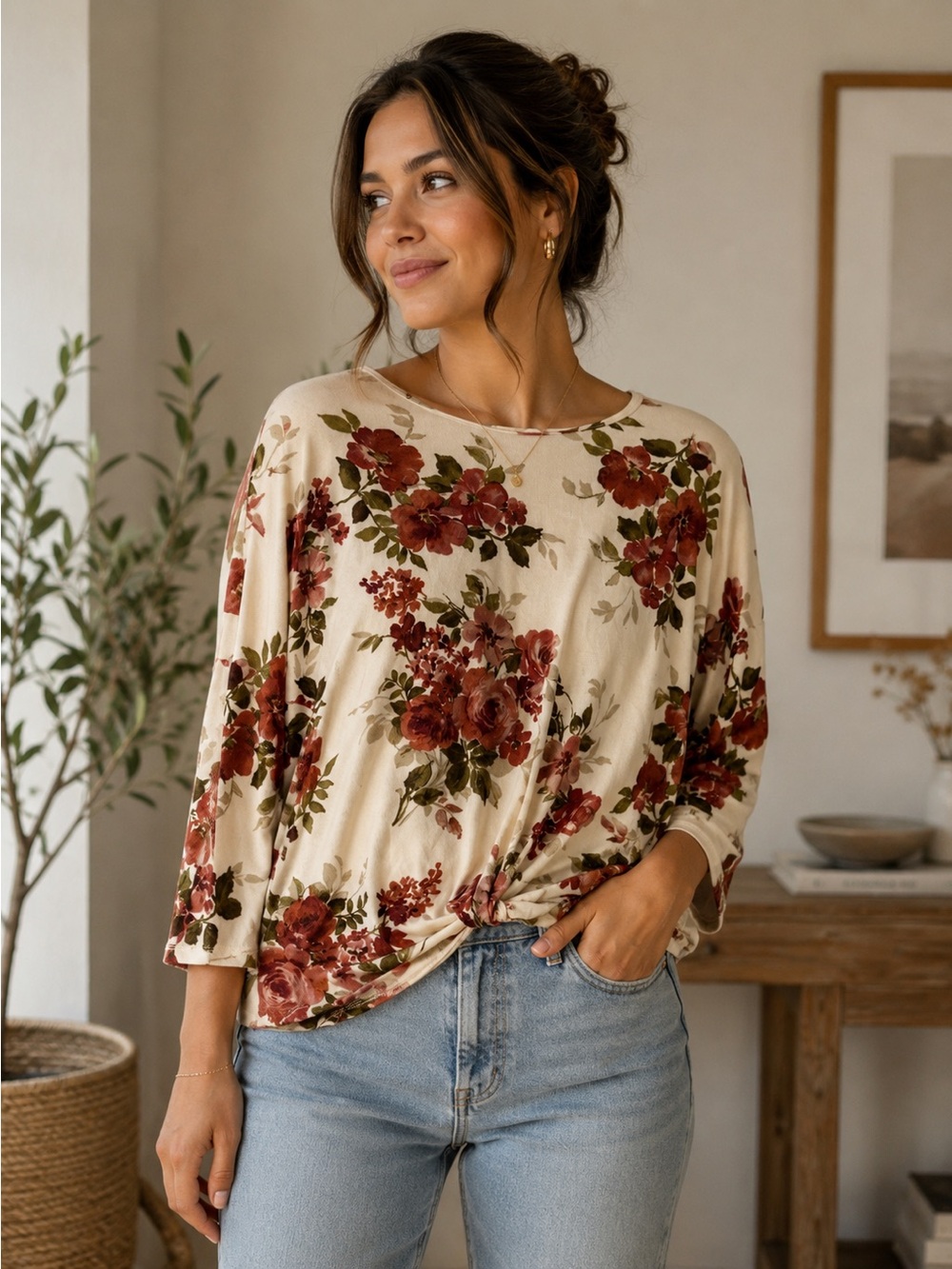 Cream Floral Long Sleeve Tie-Front Top